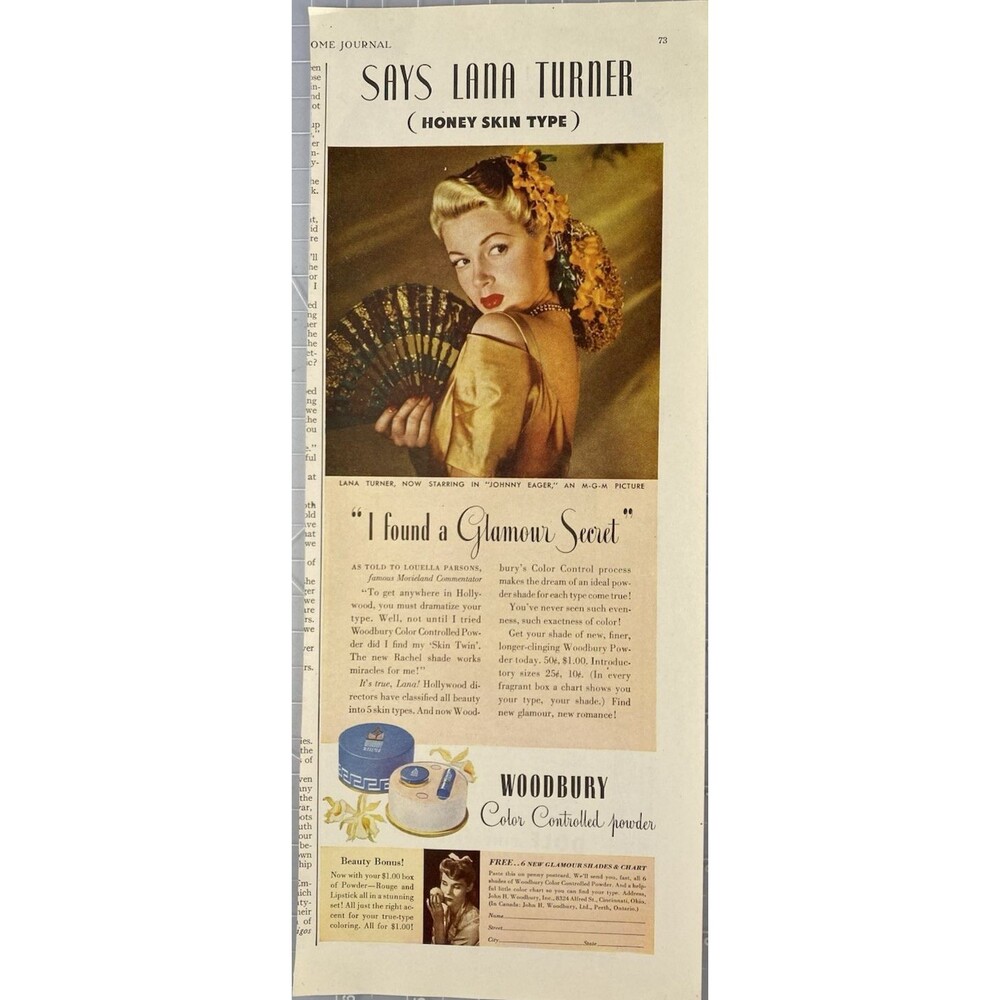 Woodbury Color Control Powder "Lana Turner: I Found a Glamour Secrete" Ad 1950's